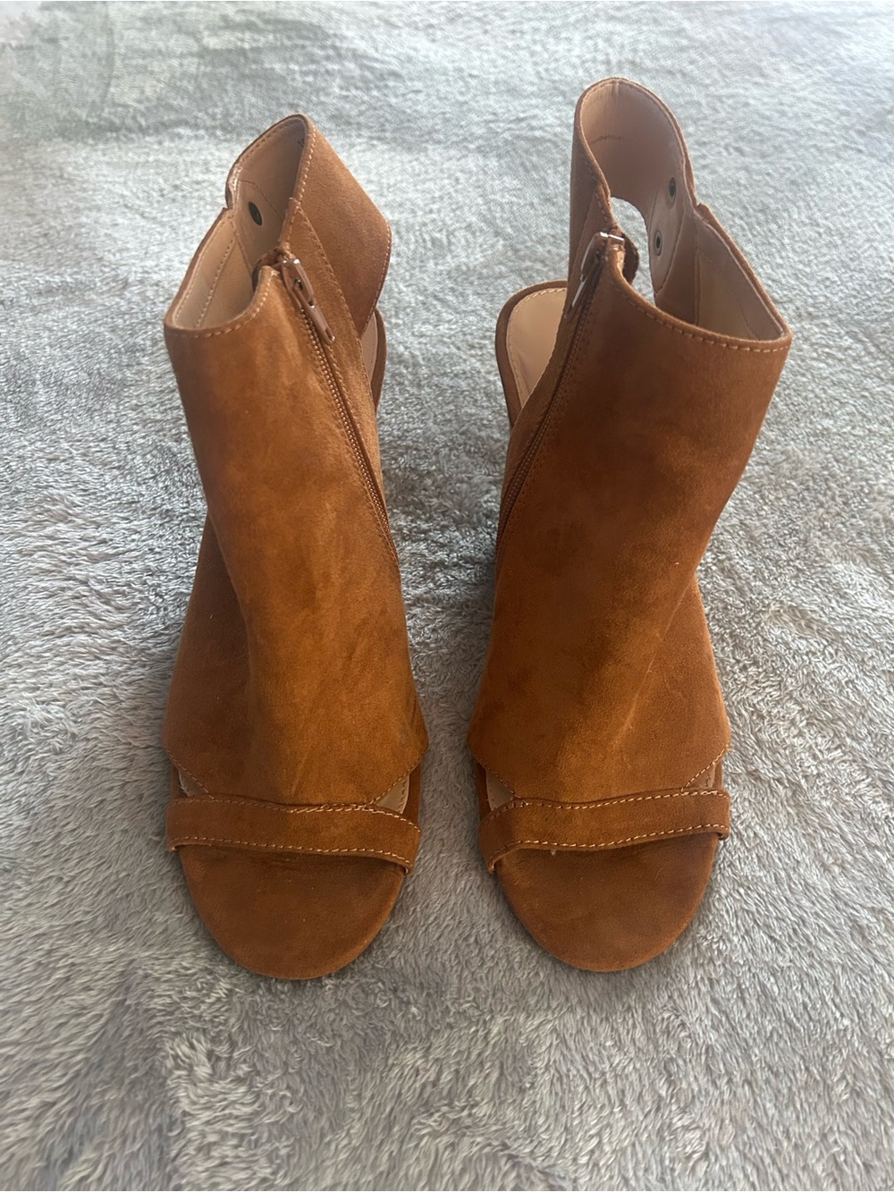 Express Suede Open-Toe Ankle Booties in Cognac